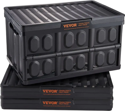 VEVOR Collapsible Storage Bins with Lids, 45L 3 Packs, Folding Plastic Stackable Utility Crates with Handles, Large Heavy Duty Containers for Clothes, Toys, Books, Snack, Shoes, and Grocery Organizing