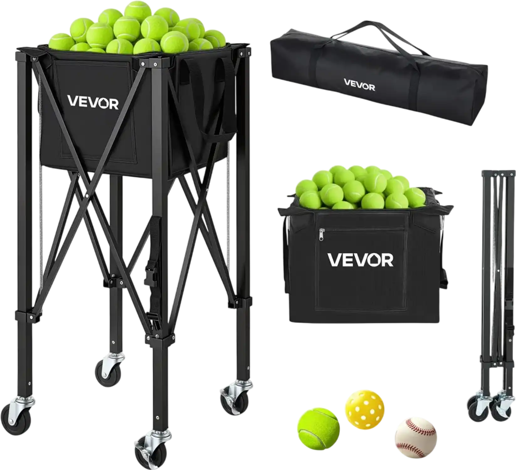 Vevor Tennis Ball Hopper Foldable Pickleball Basket Cart with Wheels New