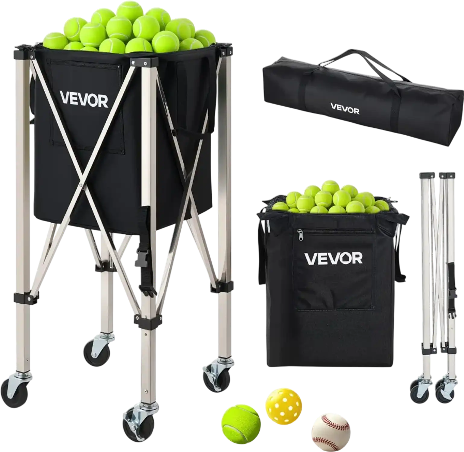 Vevor Tennis Ball Hopper Foldable Pickleball Basket Cart with Wheels New