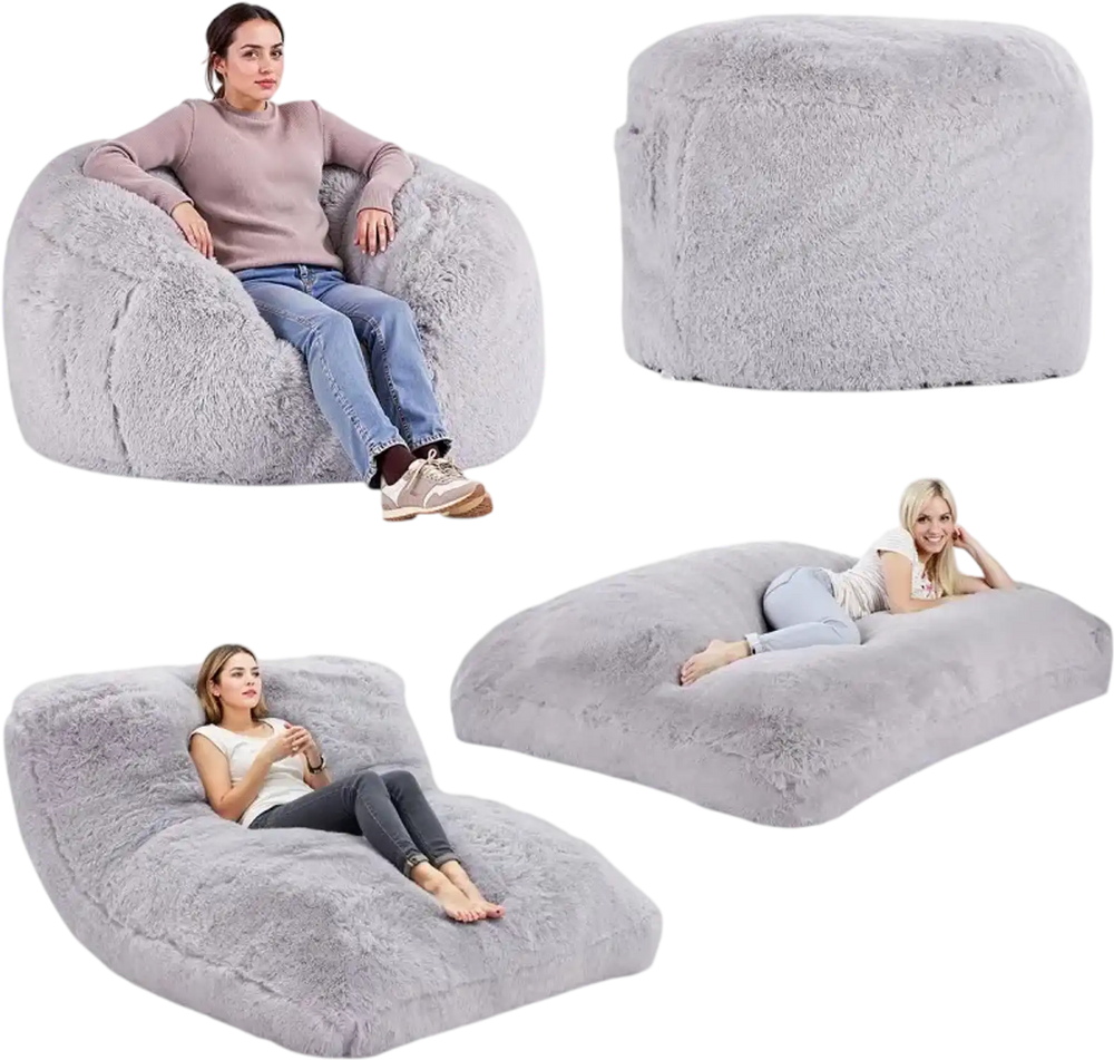 VEVOR Bean Bag Bed Chair, Convertible Chair from BeanBag to Lounge or Mattress, Gaint Bean Bag Chair Bed with Washable Cover for Adults, Fluffy Plush, Foam Filling and Side Pocket, Grey(Full Size)