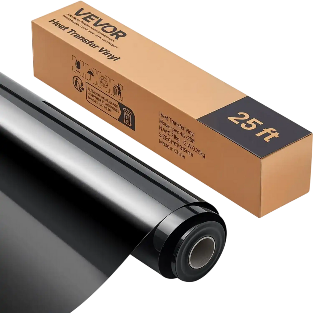 VEVOR Heat Transfer Vinyl, 12 in x 25 ft, Glossy Black HTV Iron on Vinyl Roll, Easy to Cut and Weed, Strong Adhesion, Compatible with Cutting Machines, for Various Materials, T-shirts, Pillows, Hats