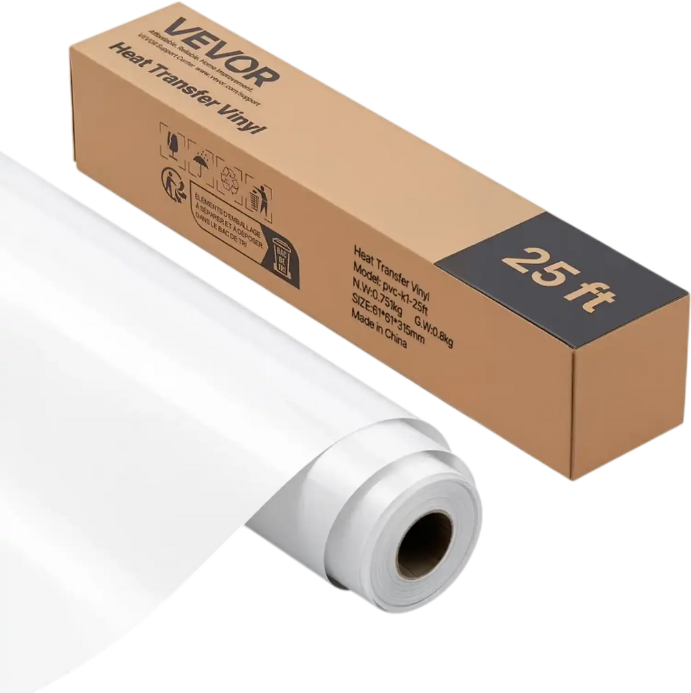 VEVOR Heat Transfer Vinyl, 12 in x 25 ft, Glossy White HTV Iron on Vinyl Roll, Easy to Cut and Weed, Strong Adhesion, Compatible with Cutting Machines, for Various Materials, T-shirts, Pillows, Hats