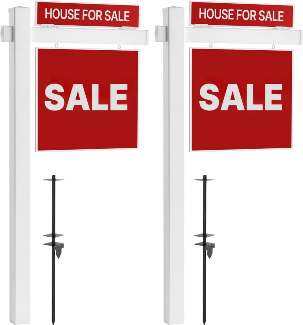 VEVOR Real Estate Sign Post, 2-Pack, 6 ft Tall, PVC Realtor Yard Sign Holder with 36 in Arm Holds up to 24 in, Easy to Install, Wind-Resistant, for Open House and Home, Yard, Road, White (No Signs)