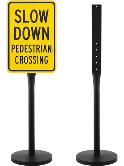 VEVOR Portable Sign Post, 2-Pack, 4 ft Tall, Metal Sign Stands with Heavy Duty Cast Iron Base, Multi-Hole Design for Easy Installation, Wind-Resistant, for Indoor and Outdoor Parking, Warning, Notice