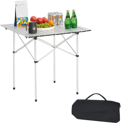 VEVOR Folding Camping Table, Portable Roll Up Side Tables, Small Lightweight Aluminum Beach Table, Compact with Carry Bag, for Outdoor Cooking, Tailgating, Grilling, Picnic, Travel, Silver