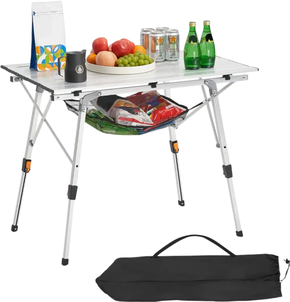 VEVOR Folding Camping Table, Portable Roll Up Side Tables, Lightweight Aluminum Beach Table with Adjustable Height, Top Mesh Layer and Carry Bag, For Outdoor BBQ Tailgating Picnic, Travel, Silver