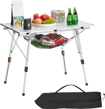 VEVOR Folding Camping Table, Portable Roll Up Side Tables, Lightweight Aluminum Beach Table with Adjustable Height, Top Mesh Layer and Carry Bag, For Outdoor BBQ Tailgating Picnic, Travel, Silver