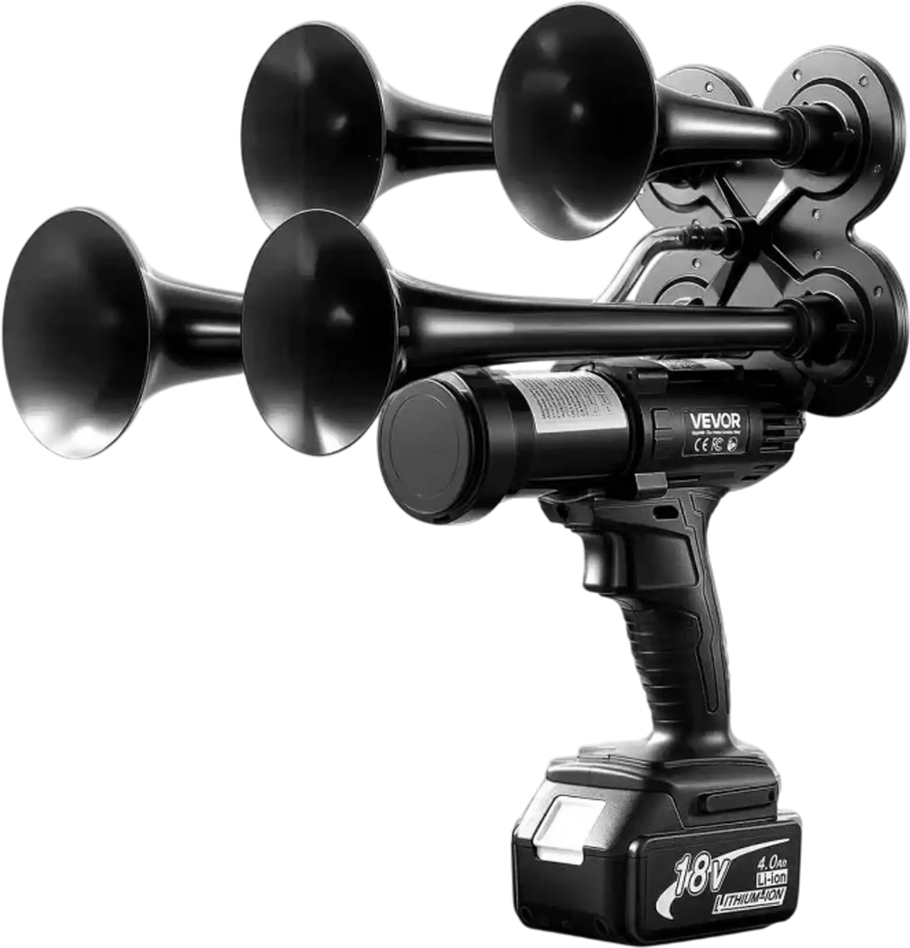 VEVOR Cordless 4-Trumpet Air Horn 130dB Train Air Horn & Built-in Air Pump, 18V 4Ah Lithium Battery, Powerful Sound, Strong Penetration, Handheld Portable for Vehicle Alerts, Holiday & Sporting Events