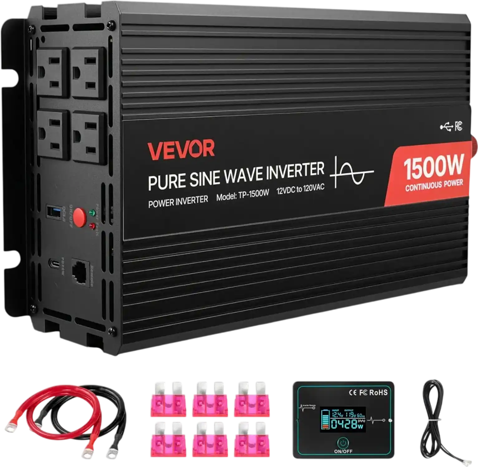 Vevor Power Inverter 1500W Pure Sine Wave 12V DC to 120V AC with Remote Control New