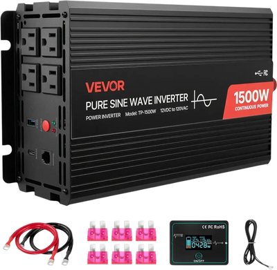 VEVOR 1500W Power Inverter, 12V DC to 120V AC Pure Sine Wave Inverter, Car Charger Converter with Remote Control, USB & Type-C Ports, 4 AC Outlets, Fast-charging for RV, Truck Outdoor Camping