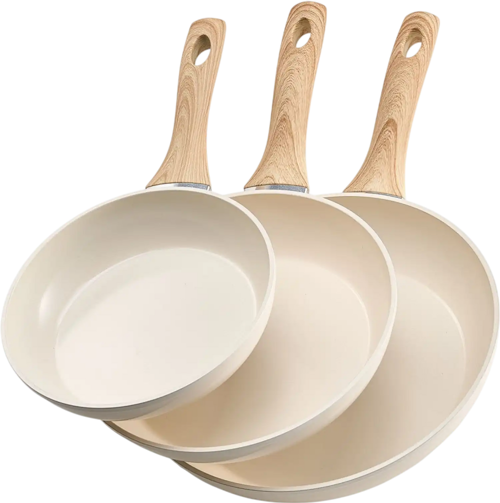 VEVOR Frying Pan Skillet, Aluminum Egg Fry Pans, 3 Piece (8, 9.5, 11 in), Nonsitck Ceramic Heavy-Duty Skillets with Heat-Resistant Handle, Chef's Kitchen Cookware for Gas, Electric, Induction, Beige