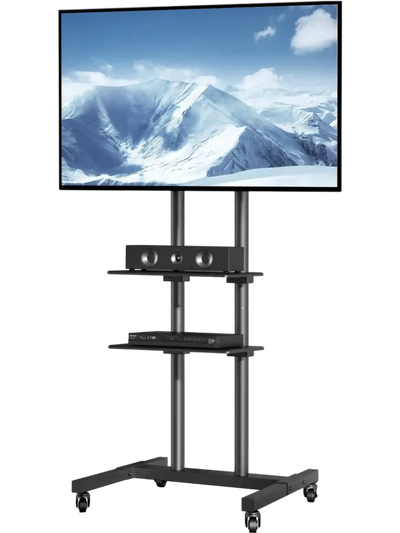 VEVOR Mobile TV Stand, Mobile TV Cart for 32 to 70 inch TVs, Height Adjustable Portable TV Stand with Wheels, Double Tray for Audio-Visual Devices, Rolling TV Stand with Mount for Bedroom, Living Room