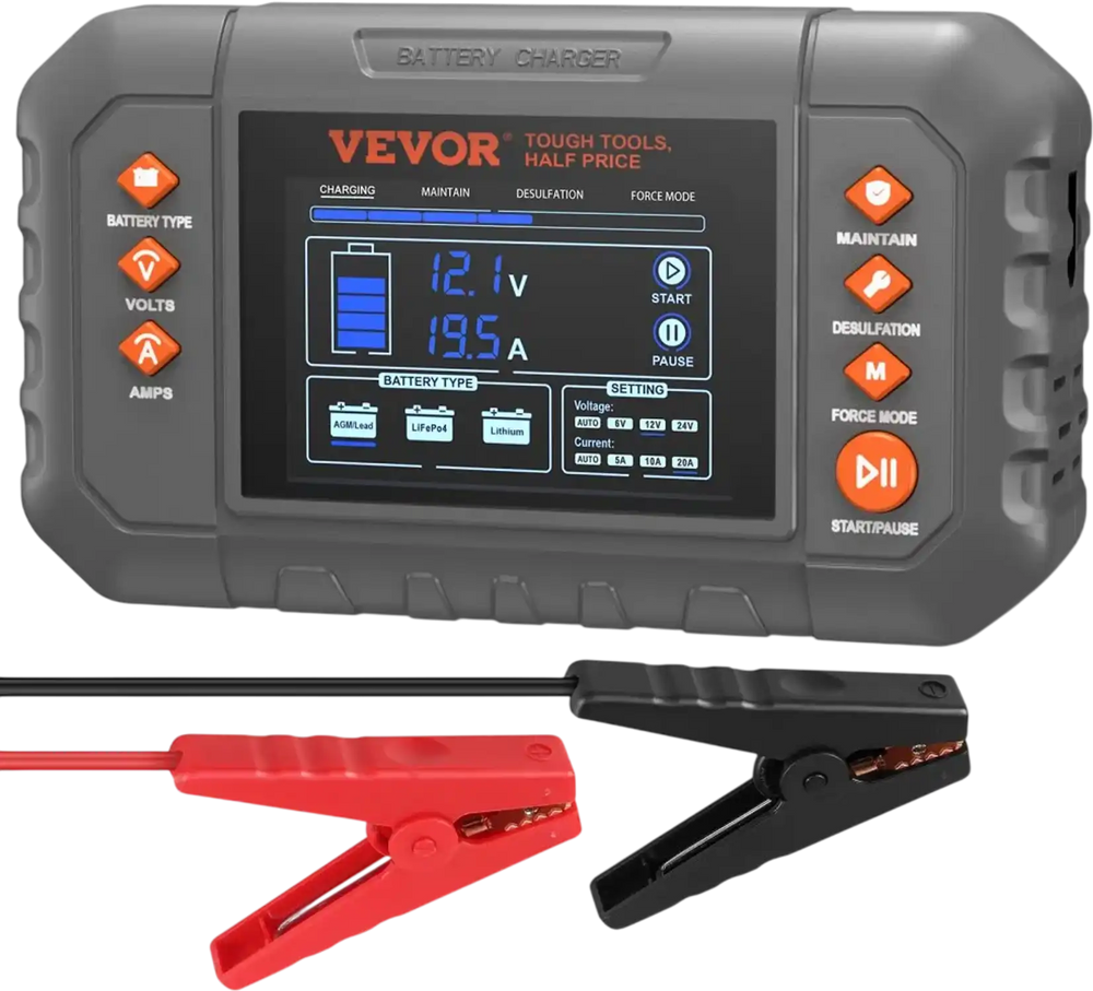 VEVOR Smart Battery Charger, 20-Amp, Lithium LiFePO4 Lead-Acid (AGM / Gel / SLA) Car Battery Charger with LCD Display, Trickle Charger Maintainer Desulfator for Boat Motorcycle Lawn Mower Deep Cycle