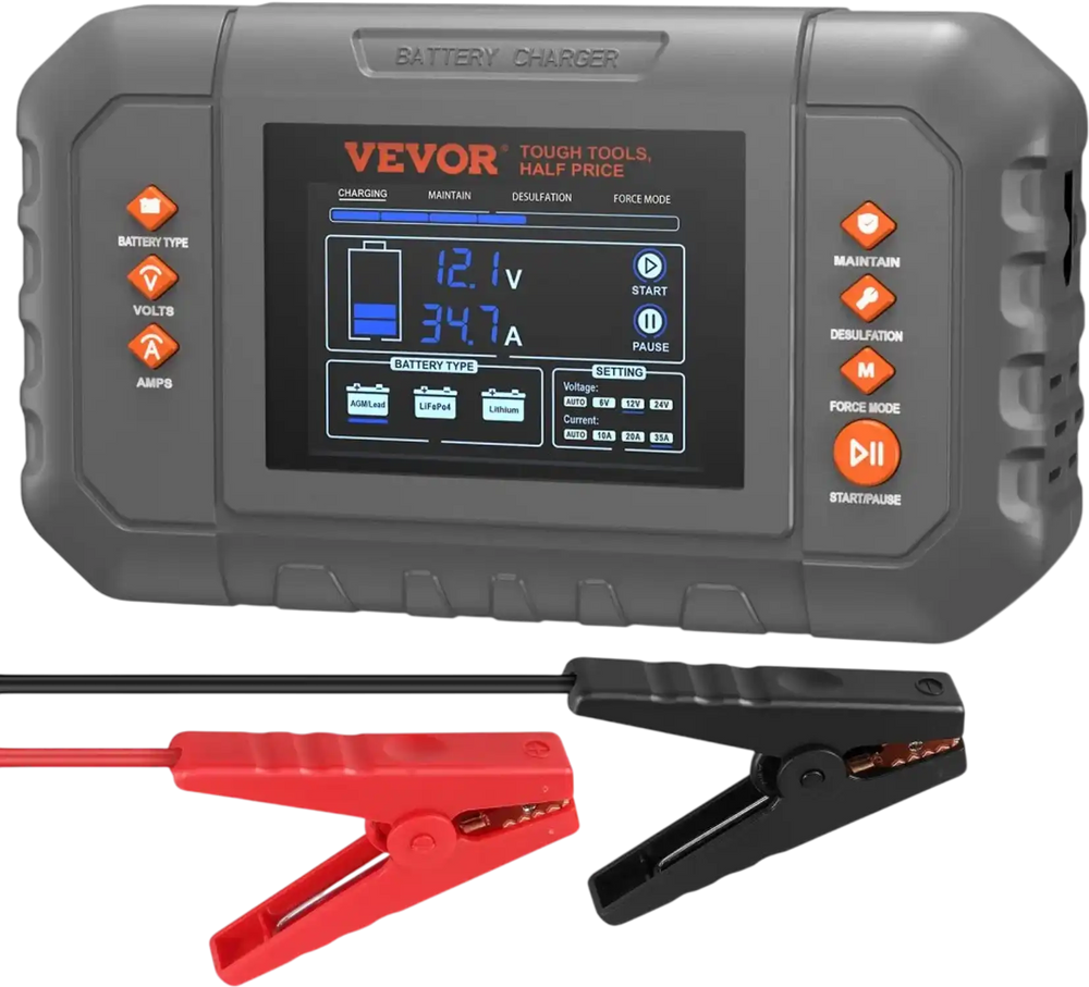 VEVOR Smart Battery Charger, 35-Amp, Lithium LiFePO4 Lead-Acid (AGM / Gel / SLA) Car Battery Charger with LCD Display, Trickle Charger Maintainer Desulfator for Boat Motorcycle Lawn Mower Deep Cycle
