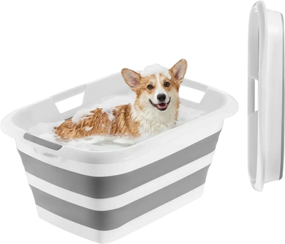 VEVOR Dog Bathtub, Collapsible Dog Bath Tub, Pet Bathing Grooming Wash Shower Station, Portable Space-saving & Stable Support, Built-In Drainage Hole for Small Pet Puppy Doggie Cat Outdoor, Gray White