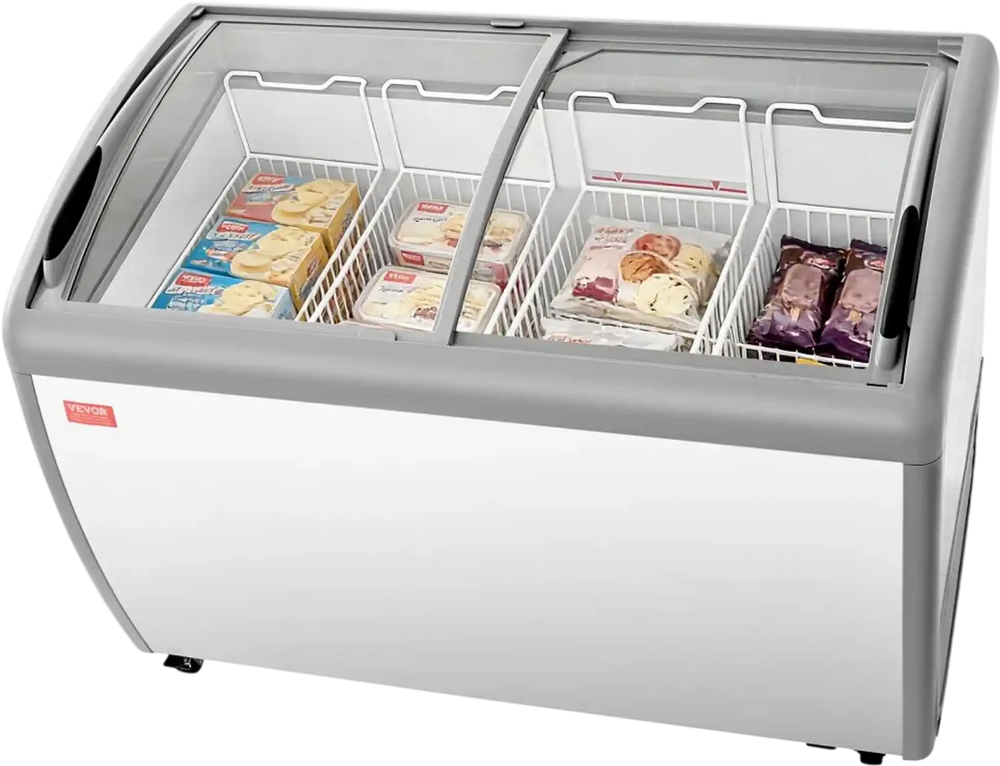 VEVOR Commercial Ice Cream Display Case, 12.8 Cu.ft Chest Freezer, -19 to 3℉ Temp Adjustable Mobile Top Deep Freezer with 4 Wire Baskets, 2 Sliding Glass Doors, Locking Casters & LED Strip Lighting