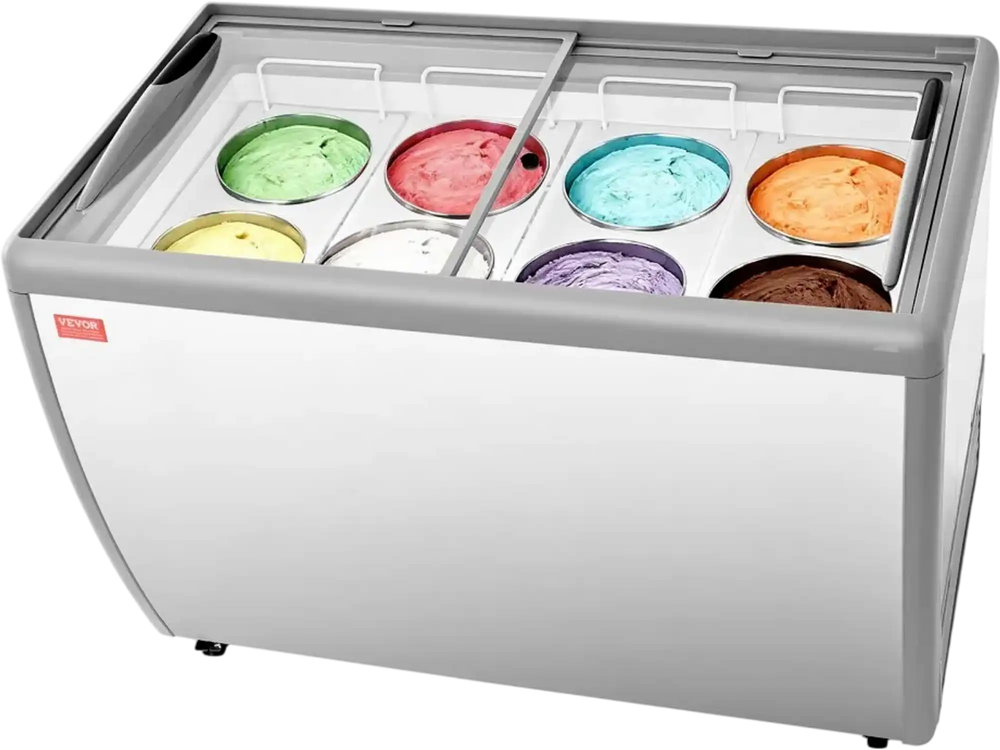 VEVOR Commercial Ice Cream Display Case, 13.1 Cu.ft Chest Freezer, Restaurant Gelato Dipping Cabinet Top Deep Freezer with Locking Casters, Sliding Glass Door, LED Lighting, Hold 8 Ice Cream Tubs