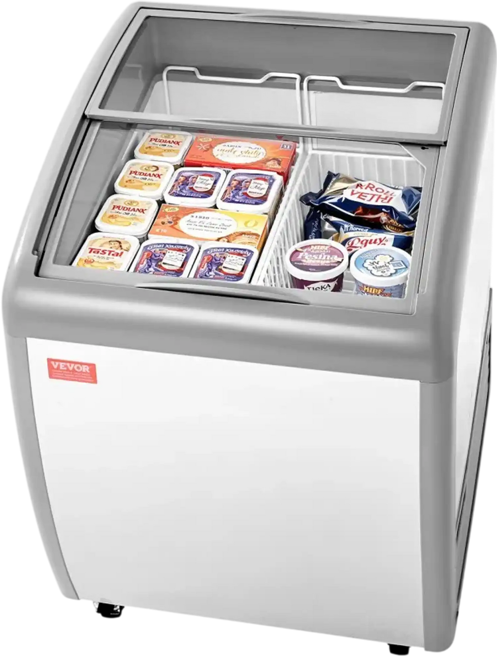 VEVOR Commercial Ice Cream Display Case, 5.4 Cu.ft Chest Freezer, -19 to 3℉ Temp Adjustable Mobile Top Deep Freezer with 2 Wire Baskets, 2 Sliding Glass Doors, Locking Casters & LED Strip Lighting