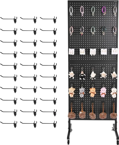 VEVOR Standing Pegboard Display, 23.6 x 63 in Pegboard Display Stand with Swivel Casters and 30 Hooks, Thickened Cold-Rolled Steel Peg Board Panel for Grocery, Retail Store and Jewelry Shop, Black