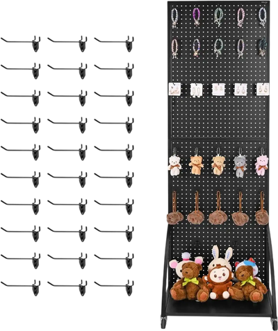 VEVOR Standing Pegboard Display with Base Plate, 23.7 x 66 in Pegboard Display Stand with Casters and 30 Hooks, Thickened Cold-Rolled Steel Peg Board Panel for Retail Store and Jewelry Shop, Black
