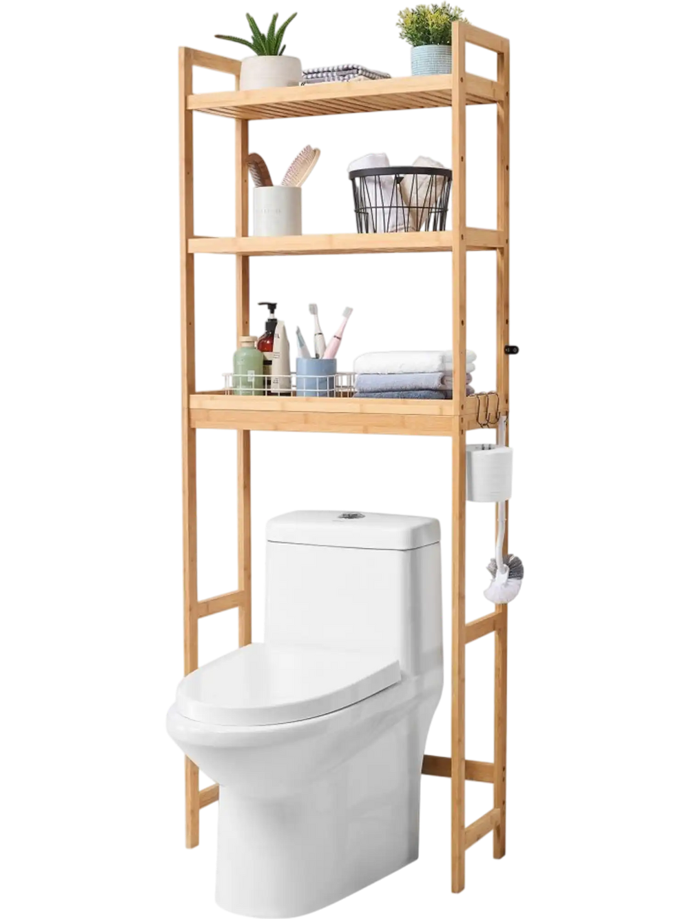VEVOR Over the Toilet Storage, 3-Tier Adjustable Over Toilet Bathroom Organizer, Bamboo Storage Shelf Rack with 3 Hooks, Freestanding Easy Assembly Laundry Space Saver, Fit Most Toilets