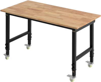 VEVOR Adjustable Workbench on Wheels, 1500 lbs Capacity, 48 x 24 Inch Oak Wood Top Workbench with 28.5-42.3 Inch Height Adjustment, Heavy-Duty Hardwood Worktable for Garage, Workshop, Home, Office