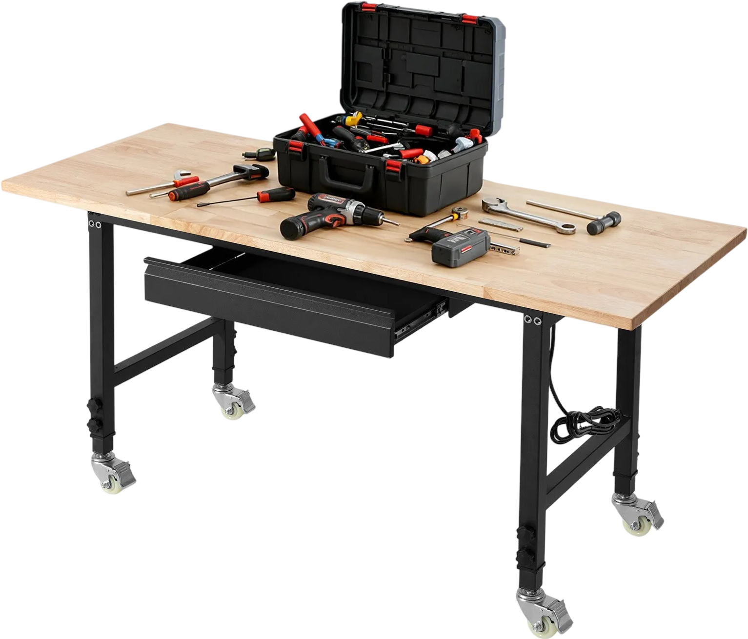 Vevor Workbench on Wheels 60 x 24 in. Oak Top with Drawer Power Outlets New
