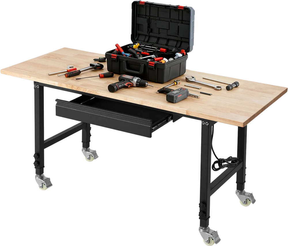 VEVOR Adjustable Workbench on Wheels, 2000 lbs Capacity, 60 x 24 Inch Oak Wood Top Workbench with Drawer & Power Outlets, Heavy-Duty Hardwood Worktable for Garage, Workshop, Home, Office, Commercial