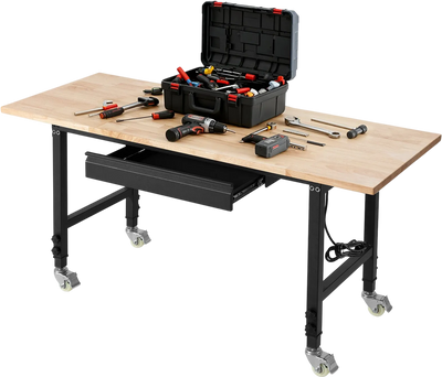 Vevor Workbench on Wheels 60 x 24 in. Oak Top with Drawer Power Outlets New
