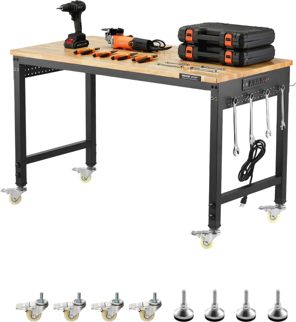 VEVOR 48-Inch Adjustable Workbench, 2000 lbs Load, Work Bench with Power Outlet, Wheels, and Pegboard, Heavy Duty Oak Wood Top Work Table for Garage, Workshop, Office, and Home