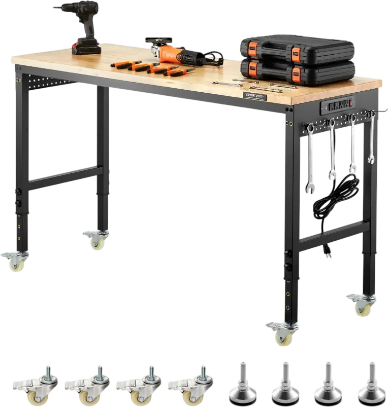 VEVOR 60-Inch Adjustable Workbench, 2000 lbs Load, Work Bench with Power Outlet, Wheels, and Pegboard, Heavy Duty Oak Wood Top Work Table for Garage, Workshop, Office, and Home