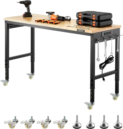 Vevor Workbench on Wheels 60 x 22 in. Oak Top with Side Pegboards Power Outlets New