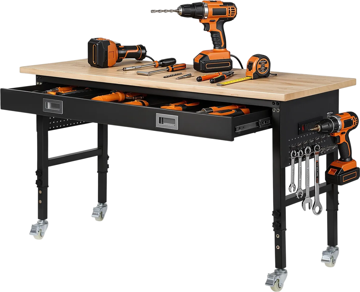 Vevor Adjustable Workbench 60 x 24 in. Oak Wood Top with Drawer Built-in Power Strip New