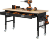 VEVOR 60-inch Adjustable Workbench, 1500 lbs Load Capacity, Garage Workbench with Drawer, Power Outlet, Wheels, and Pegboard, Heavy Duty Oak Wood Top Work Table for Garage, Workshop, Office, and Home