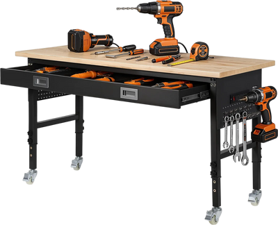Vevor Adjustable Workbench 60 x 24 in. Oak Wood Top with Drawer Built-in Power Strip New