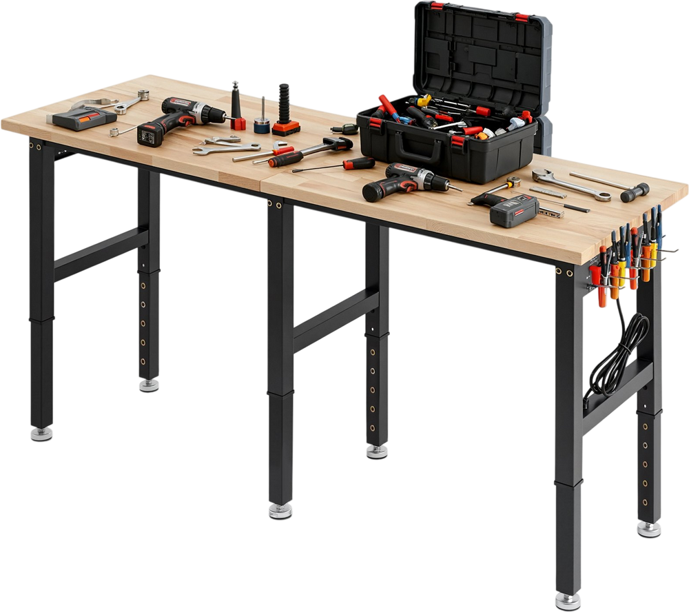 VEVOR Adjustable Workbench, 5000 lbs Capacity, 72 x 24 Inch Oak Wood Top Workstation with 4 AC Outlets & 2 USB Ports, Heavy-Duty Hardwood Worktable for Garage, Workshop, Home, Office, Commercial