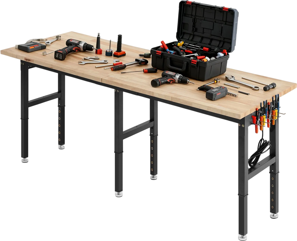 VEVOR Adjustable Workbench, 5000 lbs Capacity, 96 x 24 Inch Oak Wood Top Workstation with 4 AC Outlets & 2 USB Ports, Heavy-Duty Hardwood Worktable for Garage, Workshop, Home, Office, Commercial