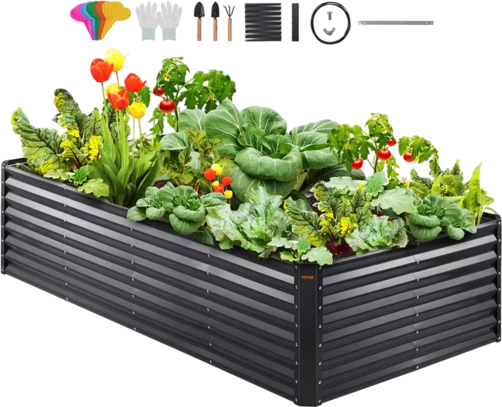 VEVOR Raised Garden Bed, 8 x 4 x 2 ft Galvanized Metal Planter Box, Outdoor Planting Boxes with Open Base, for Growing Flowers/Vegetables/Herbs in Backyard/Garden/Patio/Balcony, Dark Gray