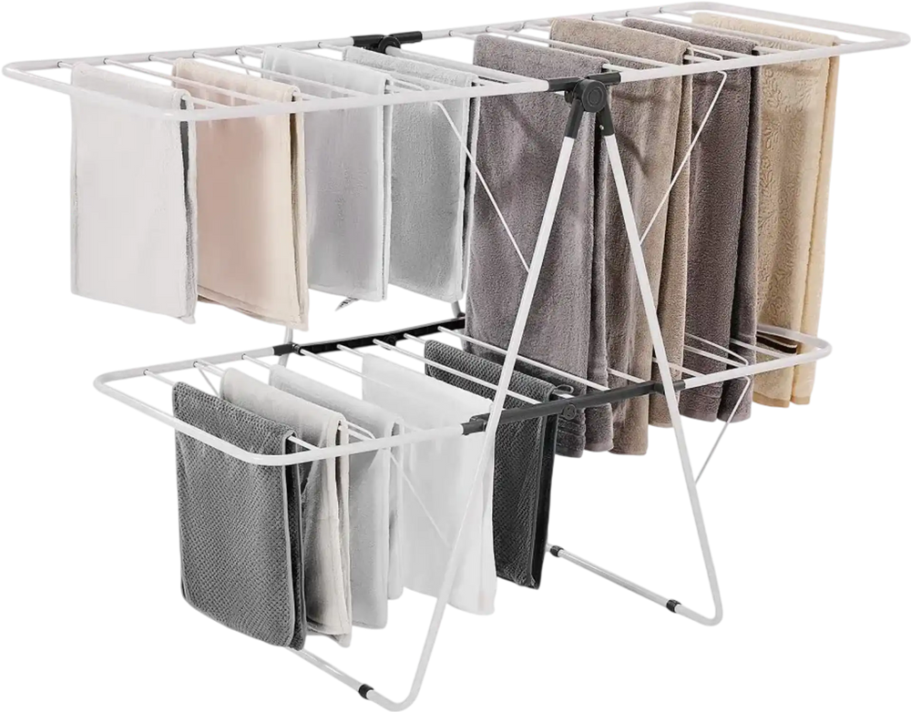 VEVOR Clothes Drying Rack, 2-Tier Foldable Laundry Dryer Rack with Sock Clips & 31 Dry Rods, Metal Height Adjustable Drying Racks for Outdoor & Indoor, Free-Standing & Space-Saving Hanger, White