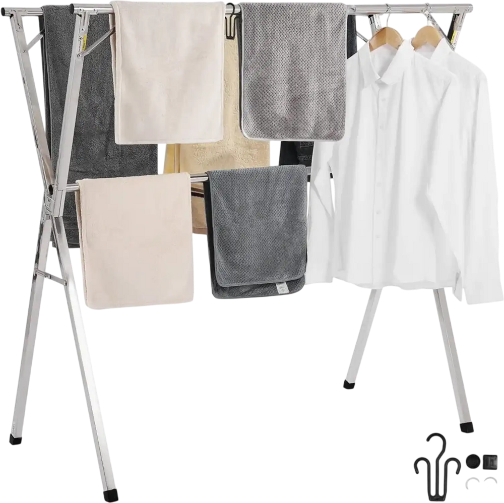 VEVOR Clothes Drying Rack, 2-Tier Telescopic Laundry Dryer Rack, Stainless Steel Drying Racks with 30 Windproof Holes and 2 Shoe Hooks, Free-Standing and Portable Hanger for Outdoor & Indoor Use