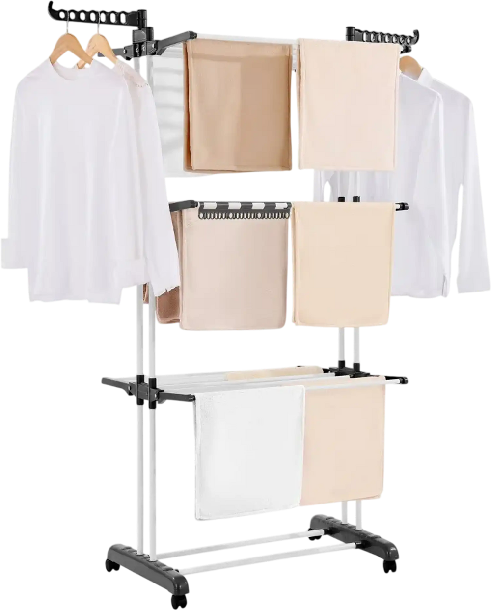 VEVOR Clothes Drying Rack, 4-Tier Foldable Laundry Dryer Rack, Metal Drying Racks with 24 Drying Rods, Free-Standing and Portable Hanger with 4 Castors and Two Side Wings for Outdoor & Indoor Use