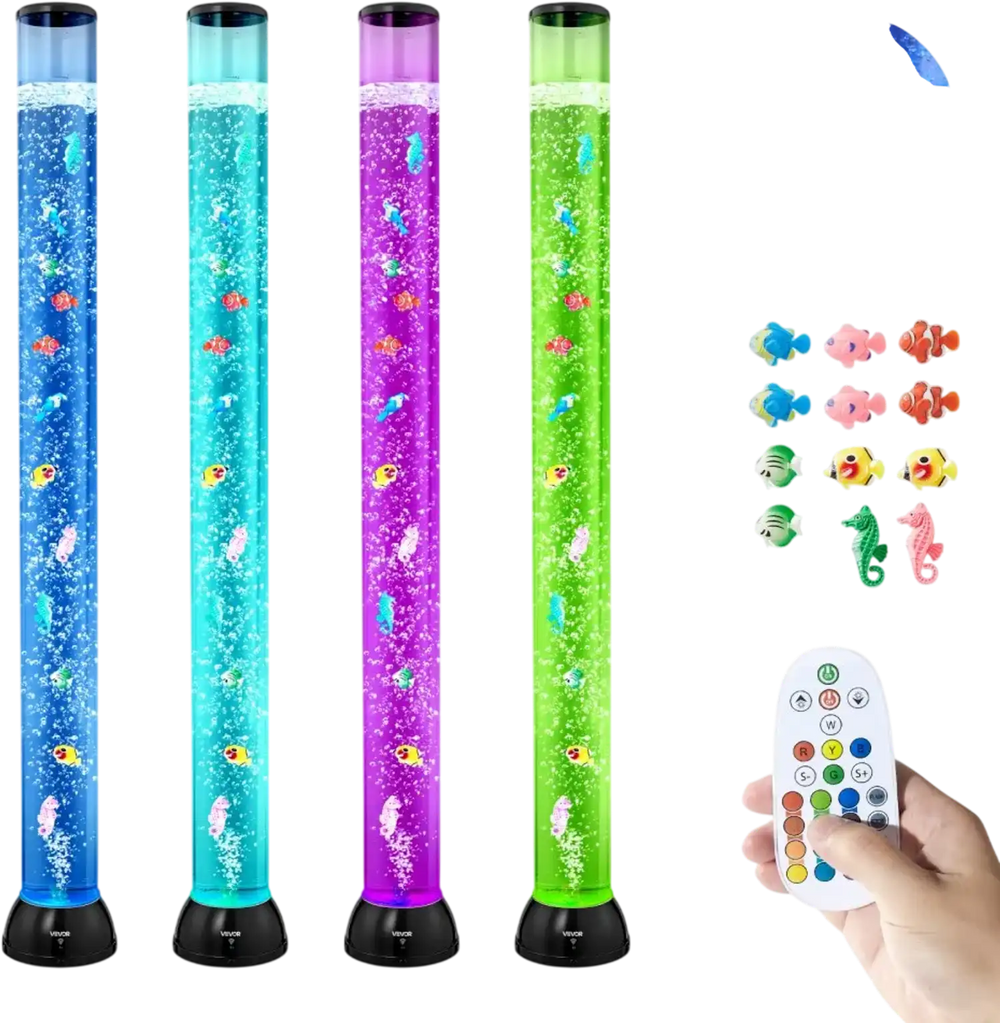 VEVOR Sensory Bubble Tube Lamp, 4 ft Bubble Fish Tube, Sensory Aquarium Lamp with 10 Floating Fish & 16 Color Effects, Remote Control, Stress Relief Calming Light for Bedroom Living Room Home Decor