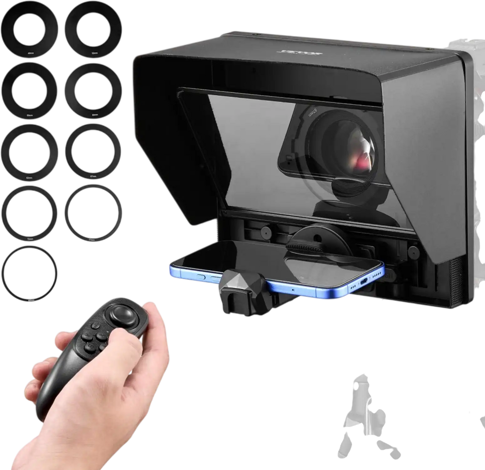 VEVOR Teleprompter, 10" Aluminum Alloy, Desktop Prompter with Adjustable Spectroscope, Remote Control, for YouTube, Twitch, Zoom, Supports DSLR/Webcam/Smartphone, for Video Recording/Live Streaming