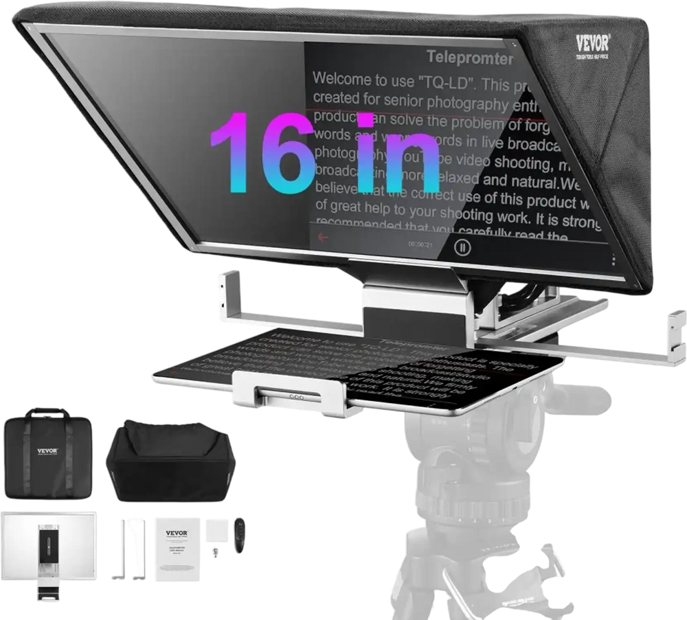 VEVOR Teleprompter, 16" Aluminum Alloy, Floor Type with Adjustable Angle Spectroscope, Remote Control, for YouTube, Twitch, Zoom, Supports DSLR/Webcam, for Video Recording/Live Streaming