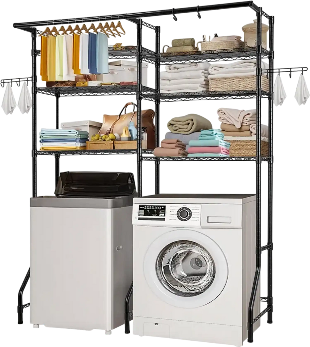 VEVOR Over Washer and Dryer Storage Shelves, 6 Tiers Laundry Room Drying Rack with Hanger Rod and Hooks, Two Rows Adjustable Washer Shelves Space Saver, for Laundry Room Storage & Organization, Black