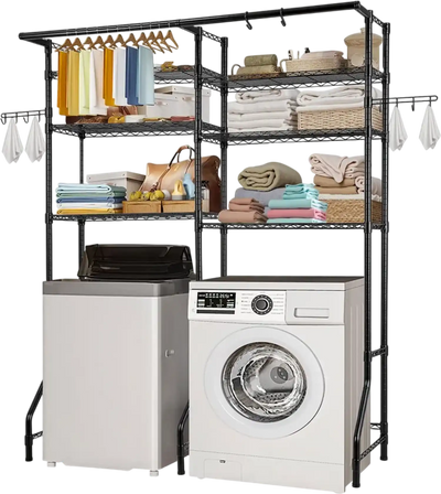 VEVOR Over Washer and Dryer Storage Shelves, 6 Tiers Laundry Room Drying Rack with Hanger Rod and Hooks, Two Rows Adjustable Washer Shelves Space Saver, for Laundry Room Storage & Organization, Black