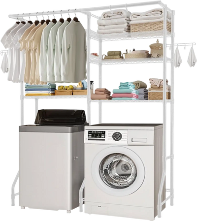 VEVOR Over Washer and Dryer Storage Shelves, 6 Tiers Laundry Room Drying Rack with Hanger Rod and Hooks, Two Rows Adjustable Washer Shelves Space Saver, for Laundry Room Storage & Organization, White