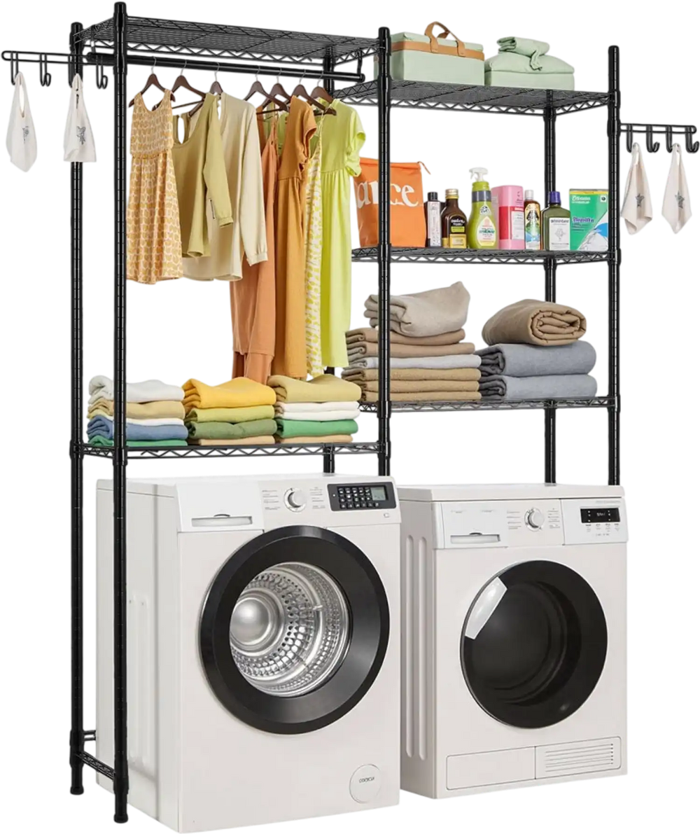 VEVOR Over Washer and Dryer Storage Shelves, 5 Tiers Laundry Room Drying Rack with Hanger Rod and Hooks, Two Rows Adjustable Washer Shelves Space Saver, for Laundry Room Storage & Organization, Black
