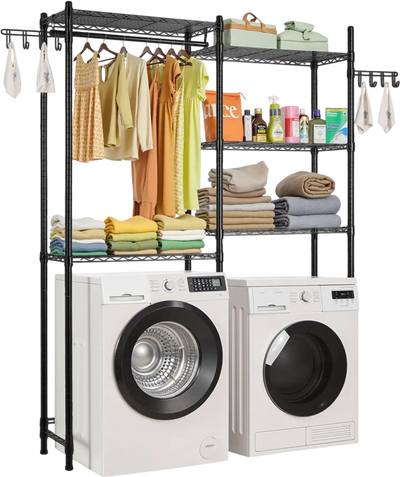 VEVOR Over Washer and Dryer Storage Shelves, 5 Tiers Laundry Room Drying Rack with Hanger Rod and Hooks, Two Rows Adjustable Washer Shelves Space Saver, for Laundry Room Storage & Organization, Black