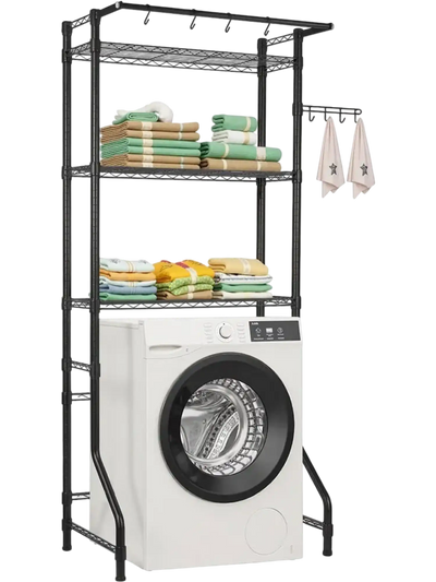 VEVOR Over Washer and Dryer Storage Shelf, 3 Tiers Laundry Room Drying Rack with Hanger Rod and Hooks, Single Row Adjustable Washer Shelves Space Saver, for Laundry Room Storage & Organization, Black
